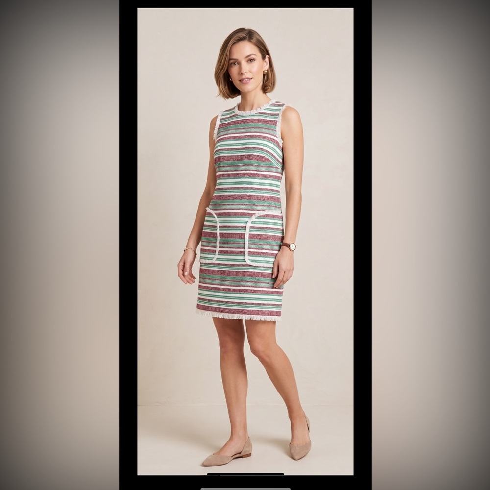 W By Worth Red, Green, White, Navy Fringe  Sheath Dress. Size 2. Holiday. Luxury